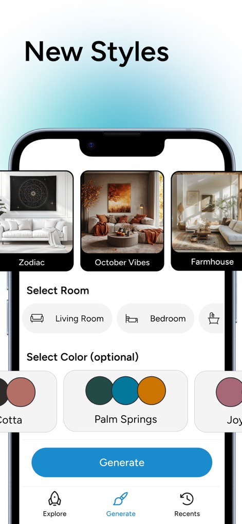 Arch - AI Home Design - O aplicativo apresenta uma variedade de novos estilos temáticos como "October Vibes" e "Farmhouse", permitindo aos usuários selecionar o tipo de cômodo e a paleta de cores, como "Palm Springs".