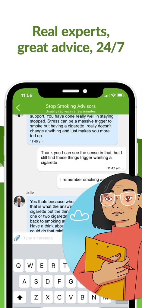 Smoke Free - Quit Smoking Now - The app provides direct access to expert advisors through a chat interface, enabling personalized guidance and real-time communication.