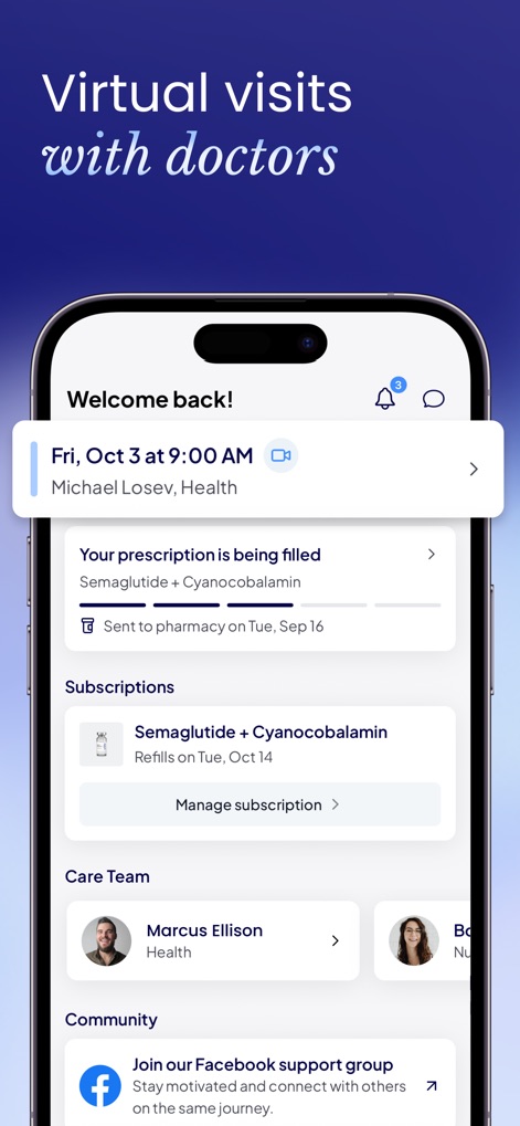 Mochi Health: Weight Loss Care - This screen provides a clear overview of upcoming virtual visits with doctors, displaying specific dates and times, alongside a real-time update on the status of users' prescription fulfillment.