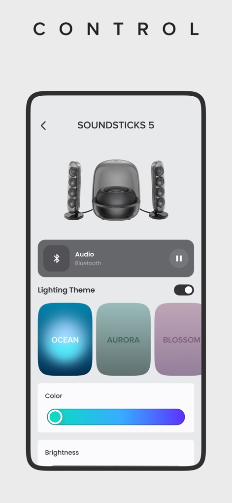 Harman Kardon One - This view demonstrates the app's capability to personalize the listening environment through dynamic lighting themes like 'Ocean' and precise color and brightness adjustments.