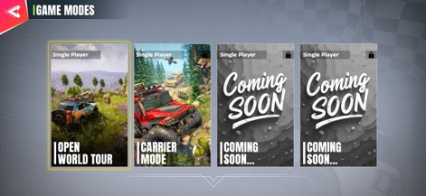 Real Offroad Jeep Driving Game - La aplicación ofrece diversos modos de juego como "Open World Tour" y "Carrier Mode", mostrando además la promesa de futuras expansiones con modos "Coming Soon".