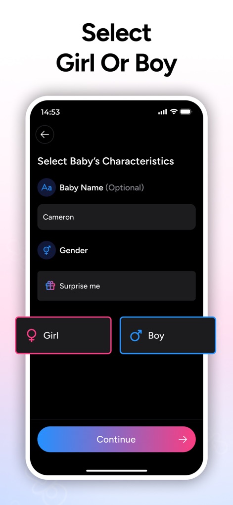 AI Baby Generator - TinyFaces - Users can customize their AI baby by inputting an optional 'Baby Name' and easily selecting the desired 'Gender' with clear button options.