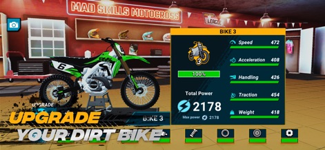 Mad Skills Motocross 3 - La pantalla de configuración permite optimizar el rendimiento de la motocicleta, ajustando atributos clave como la velocidad y el manejo para dominar las pistas.