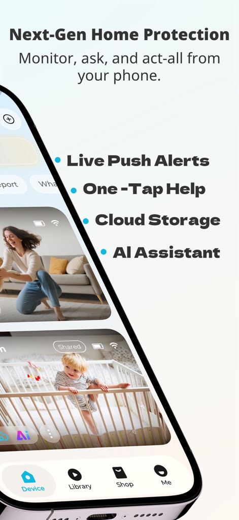 blurams - The app's dashboard offers comprehensive home protection, allowing users to access the 'Device' tab for live views and benefit from features like 'Live Push Alerts' and 'Cloud Storage'.