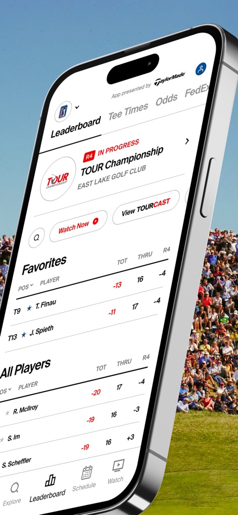PGA TOUR - This tool presents a real-time leaderboard showing player standings and scores, alongside navigation to access "Tee Times" and "Odds" information.