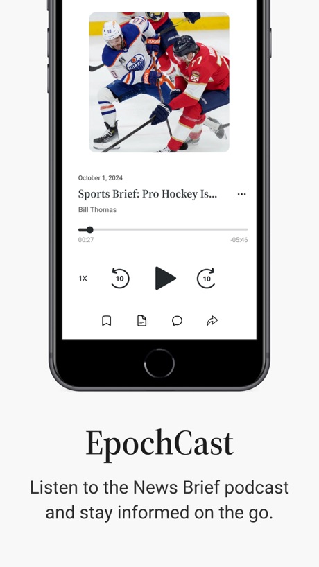 Epoch Times: Live & Breaking App Store screenshot 6, headline “EpochCast”. Words at the bottom.