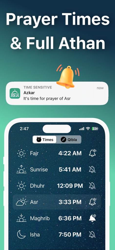 Azkar - اذكار : Athan & Prayer - Access accurate prayer times for all daily Salah and receive customizable Athan alerts, ensuring users stay connected to their spiritual obligations.
