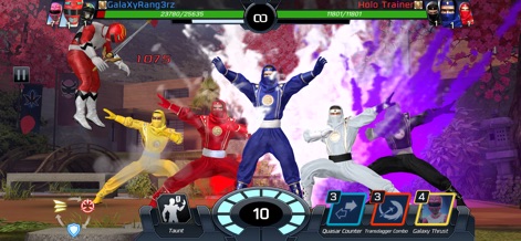 Power Rangers: Legacy Wars - Unleash devastating team-up abilities, showcasing multiple Rangers acting in unison against foes, complete with visual damage indicators.