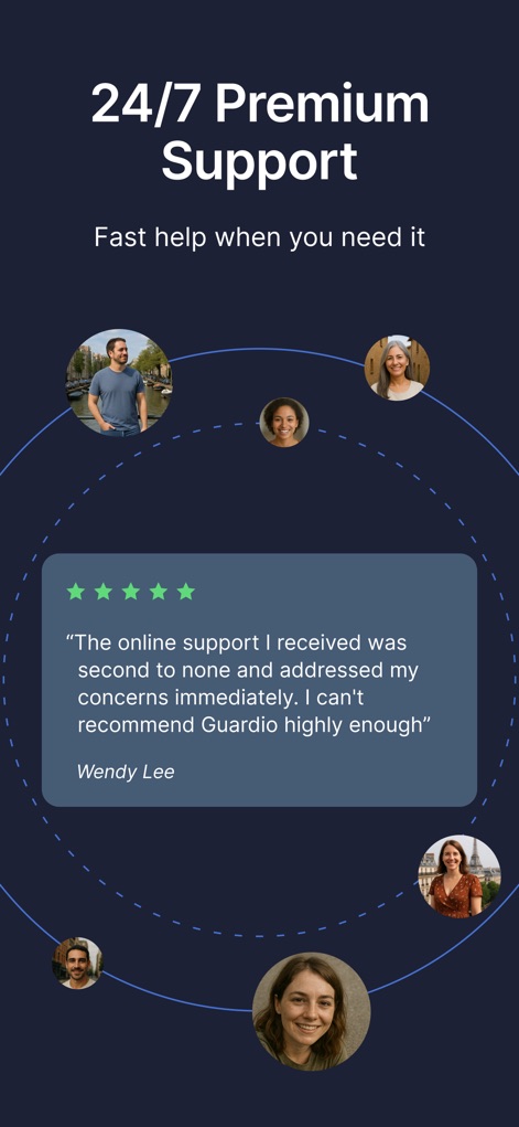Guardio - Mobile Security - Users benefit from 24/7 premium support, backed by glowing testimonials like Wendy Lee's positive experience and a visual representation of support staff.