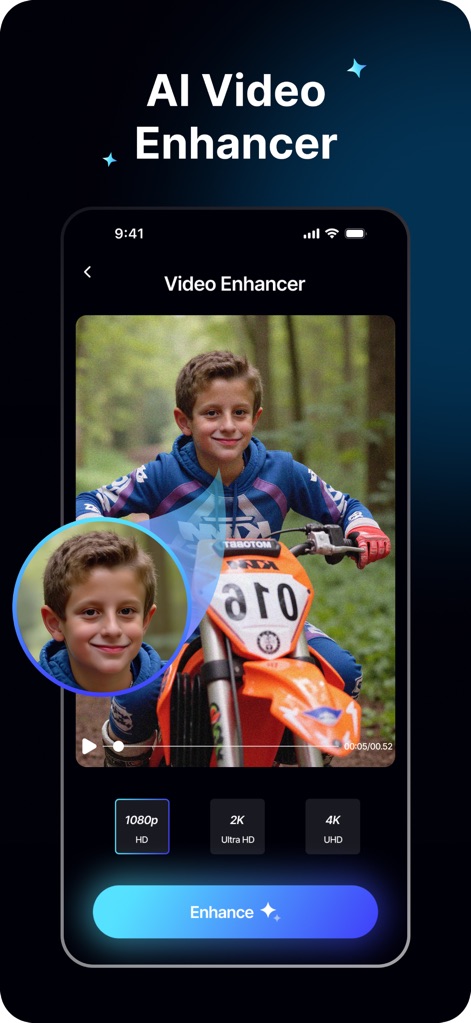 Topz AI: Photo Video Enhancer - A captura de tela exibe o "aprimoramento de vídeo por IA" com opções de "escolha de resolução de saída", como 4K, e um "detalhe facial aprimorado".