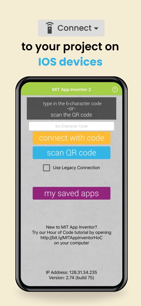 MIT App Inventor - Discover how users can effortlessly connect projects to iOS devices using a QR code scanner or access 'my saved apps' for quick deployment.