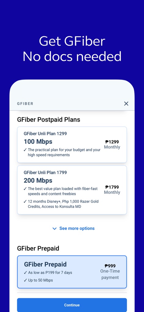 GlobeOne: Get More from Globe - Les plans GFiber Postpaid et Prepaid sont clairement présentés avec leurs vitesses et avantages (ex: "100 Mbps"), soulignant l'absence de documents supplémentaires nécessaires pour la souscription.