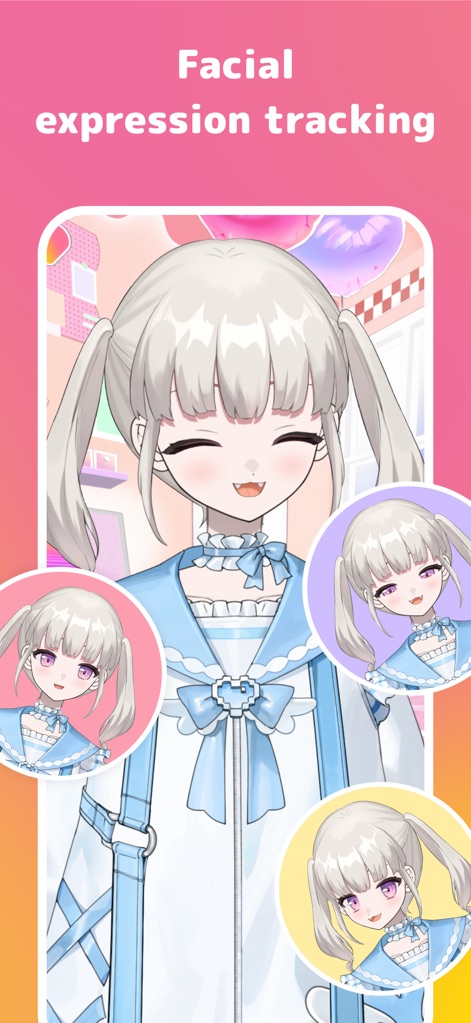 Avvy | VTuber&Anime Avatar - La aplicación destaca su seguimiento facial en tiempo real, manifestado en las expresiones cambiantes del personaje y la fluidez de su animado atuendo azul.