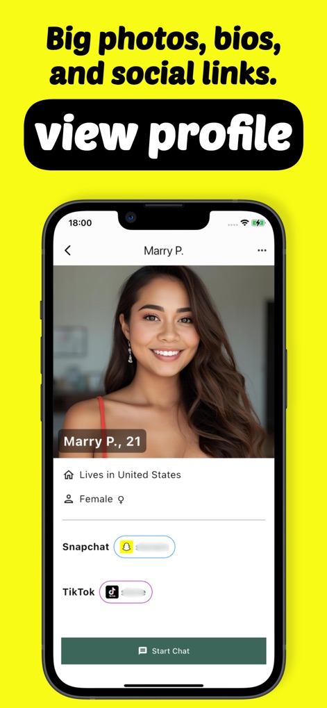 AddMeS - make new friends - The app provides comprehensive profile pages, featuring a large profile photo and essential details like gender and location, and clearly displays integrated Snapchat and TikTok social links for easy cross-platform connection.