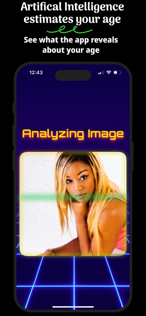 Estimate my Age - This view showcases the "Analyzing Image" process, where the app uses a glowing frame around the face to indicate active AI detection.