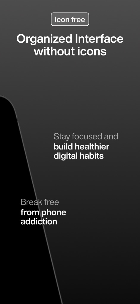 minimalist phone ® - The app showcases its 'Icon free' interface designed to minimize distractions and uses clear text to encourage users to 'Stay focused and build healthier digital habits'.