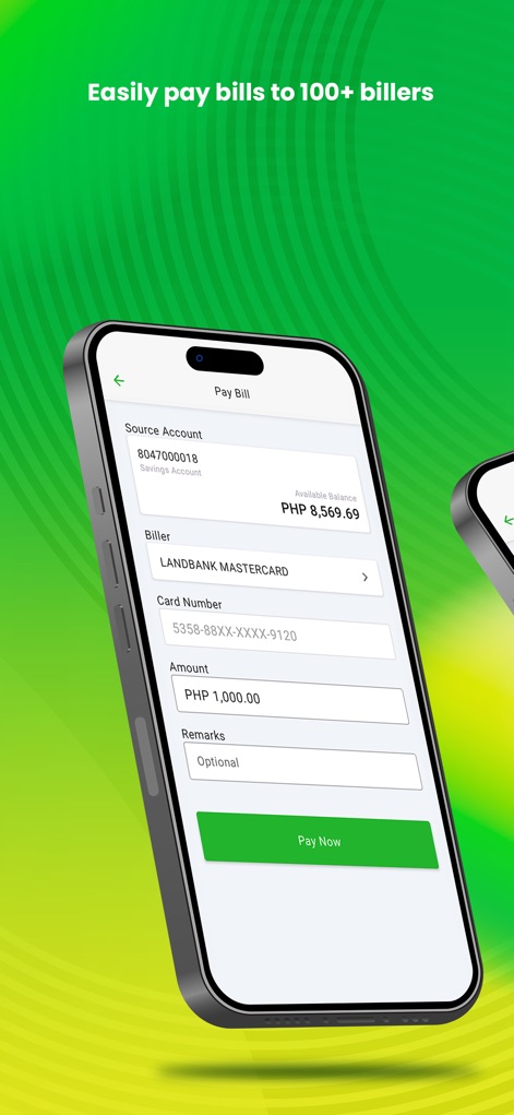 LANDBANK Mobile Banking - The app simplifies bill payments, providing a clear "Source Account" selection and an easily accessible "Pay Now" button for managing over 100 billers.