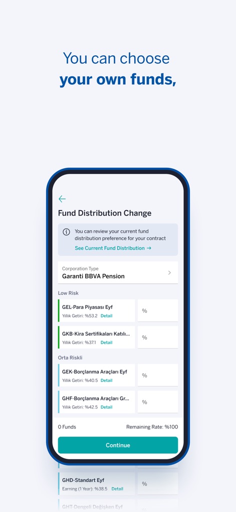 Garanti BBVA Emeklilik Mobile - Users can actively manage their investments through the Fund Distribution Change feature, presenting a clear list of available funds categorized by risk level like low and moderate.