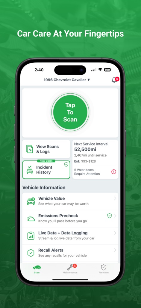 FIXD OBD2 Scanner - See how the app's central dashboard presents key vehicle information like the 'Next Service Interval' and options to 'View Scans & Logs' for comprehensive car management.