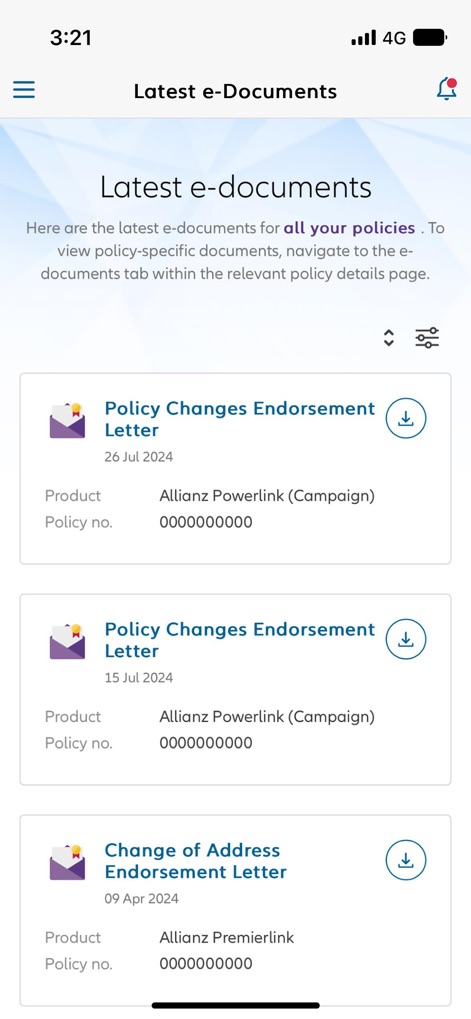 MyAllianz MY - Esta tela apresenta os 'Latest e-documents', como 'Policy Changes Endorsement Letter' e 'Change of Address Endorsement Letter', cada um com um ícone de download.