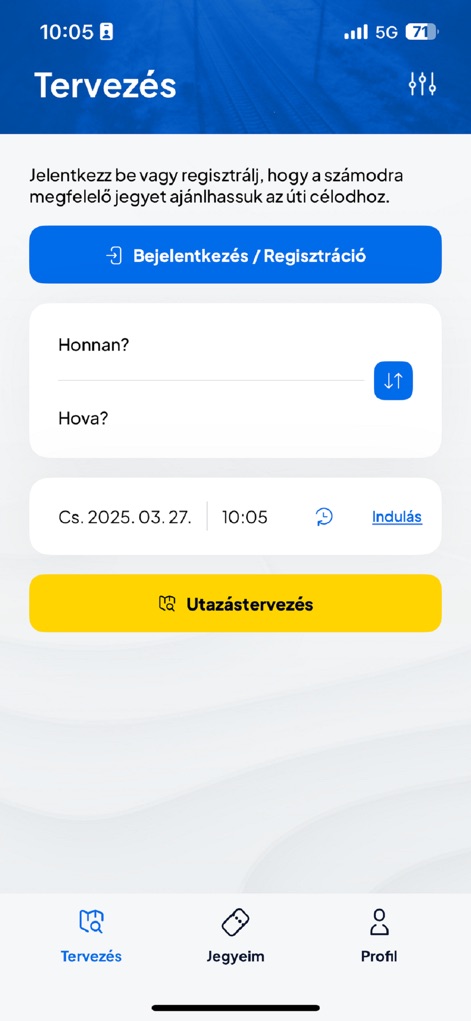 MÁVPlusz - The app features clear 'From' and 'To' input fields for easy trip initiation, alongside a prominent 'Journey Planning' button to quickly find routes.