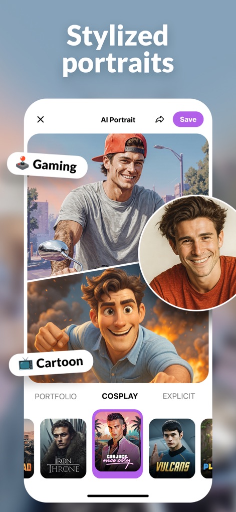 AI Video Photo・DreamPix Editor - La aplicación ofrece 'retratos estilizados' variados, desde el dinámico estilo 'Gaming' hasta transformaciones en 'Cartoon', demostrando la versatilidad de la IA.