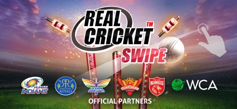 Real Cricket™ Swipe - See the iconic "Real Cricket™ Swipe" logo and official partner emblems, including Mumbai Indians and Sunrisers Hyderabad, highlighting the app's licensed content.
