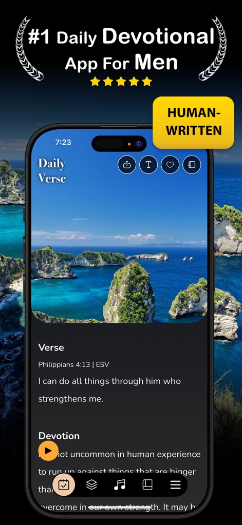 Daily Bread Devotional for Men - Cette vue présente le "Daily Verse" avec un verset biblique spécifique tel que Philippiens 4:13 et offre des icônes d'action pour le partage et la sauvegarde.