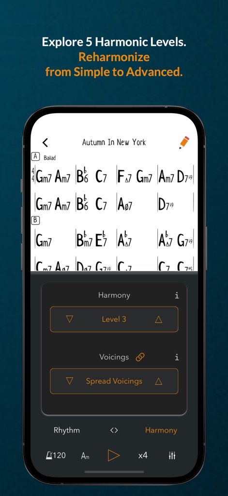 Genius Jamtracks - L'application permet d'explorer des niveaux harmoniques progressifs et d'expérimenter avec des voicings étendus pour enrichir votre approche musicale.