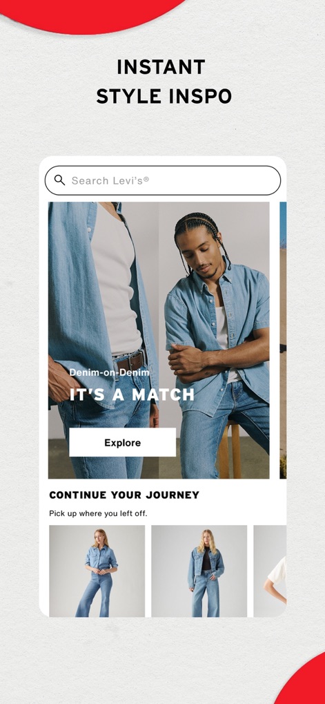 Levi's - Shop Denim & More - Users are greeted with an engaging style inspiration feed, showcasing curated looks, and a 'Continue Your Journey' section for personalized browsing.