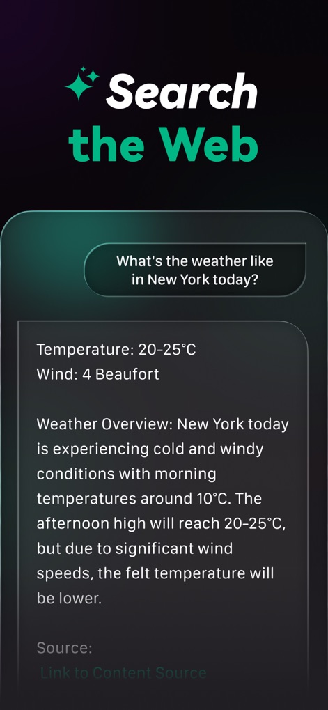 Chat AI 5: AI Agent & Video - Los usuarios tienen la capacidad de realizar búsquedas en la web directamente desde la aplicación, obteniendo información actualizada y contextualizada, como se ilustra con la consulta sobre el clima de Nueva York y la respuesta detallada con datos específicos.