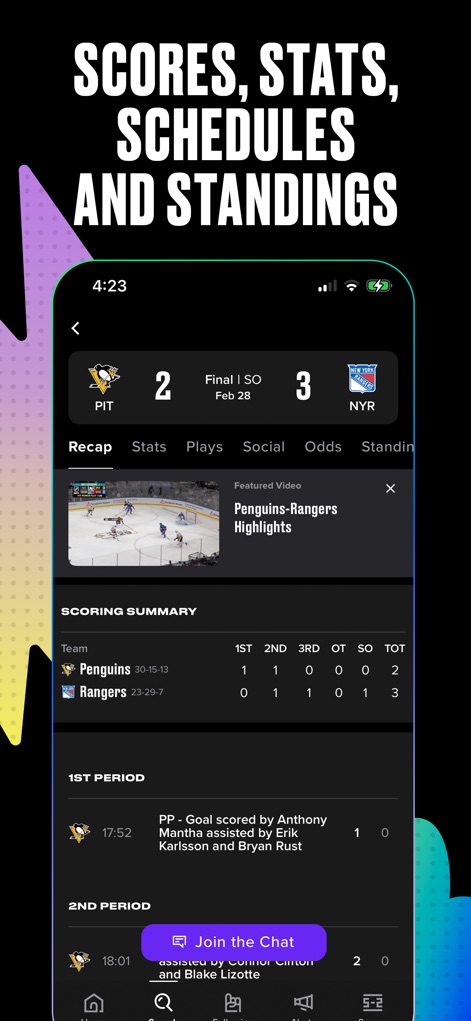 Bleacher Report: Sports News - La aplicación provee un resumen completo de los partidos que incluye estadísticas detalladas por periodo y un desglose preciso de las anotaciones, facilitando el análisis post-partido.