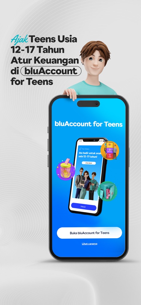 blu by BCA Digital - La aplicación presenta 'bluAccount for Teens', una herramienta diseñada para jóvenes de 12 a 17 años, destacando una interfaz atractiva y orientada a la educación financiera.