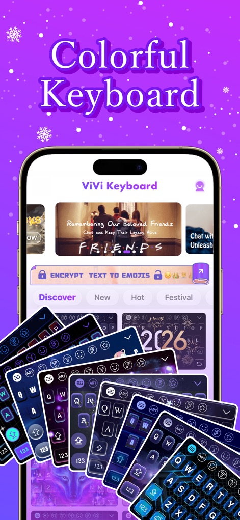 ViVi Keyboard: Theme & Chatbot - L'application ViVi Keyboard offre une collection éblouissante de thèmes de clavier, allant du style néon au pailleté, et permet aux utilisateurs de naviguer facilement grâce à ses catégories "Découvrir" et "Nouveau".