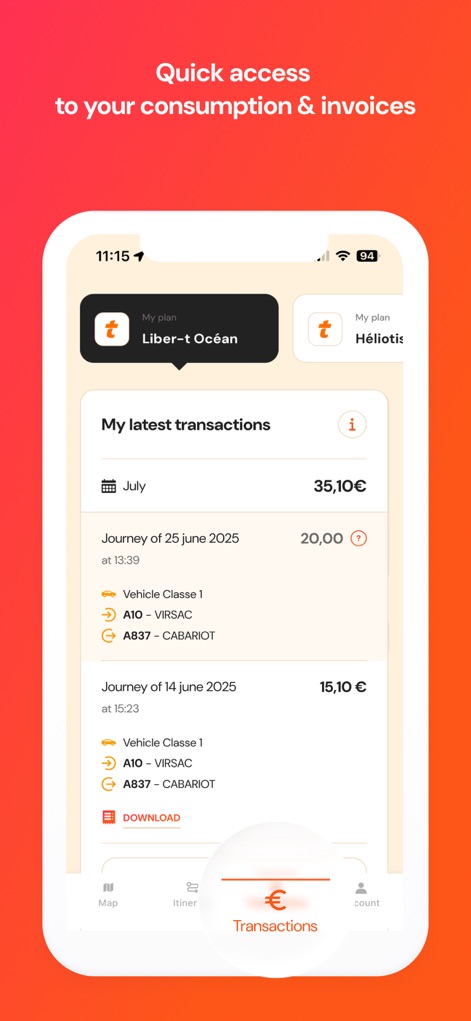 Ulys by VINCI Autoroutes - Users gain clear insight into their spending through a detailed list of latest transactions and the option to download specific journey records.