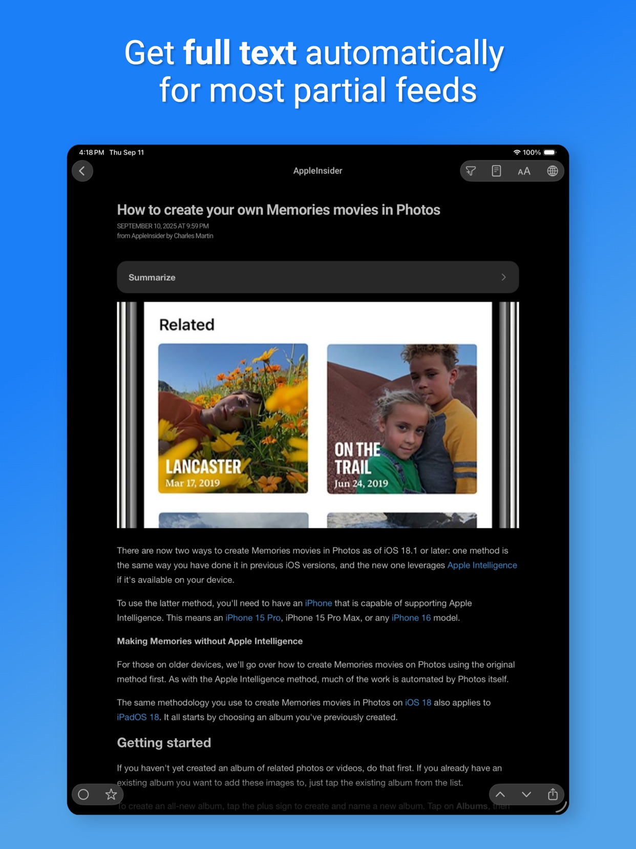 Get full text automatically for most partial feeds