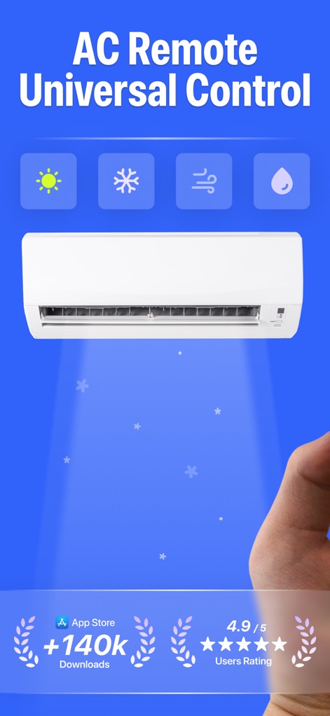 Air Conditioner・AC Remote App - Découvrez comment l'application offre une télécommande universelle pour climatiseur, comme en témoignent l'unité AC centrale et les icônes de mode intuitives (chaleur, froid, ventilation, déshumidification).