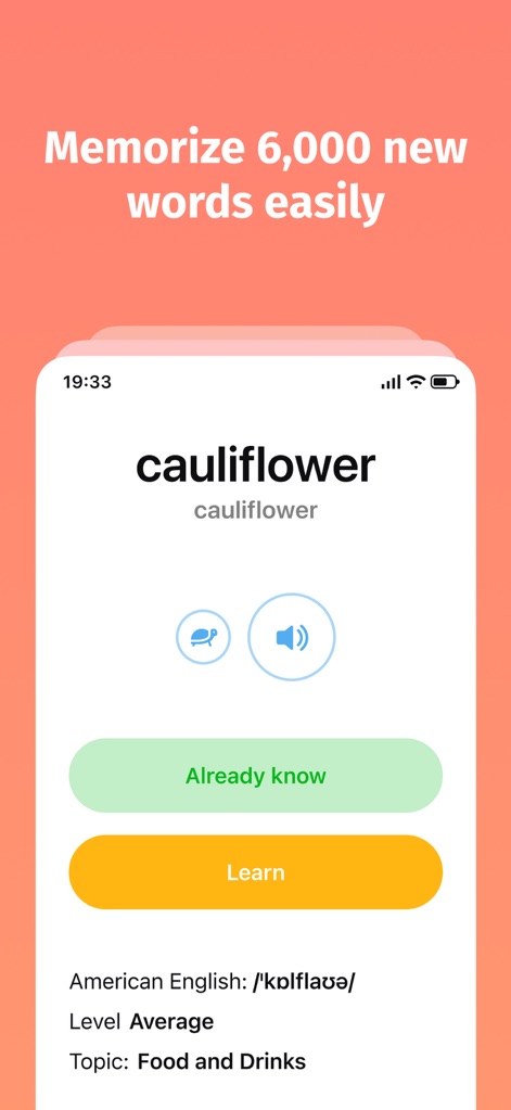 Bright - English for beginners - This tool facilitates vocabulary mastery by presenting individual words like "cauliflower" with pronunciation guides and intuitive "Already know" or "Learn" options.