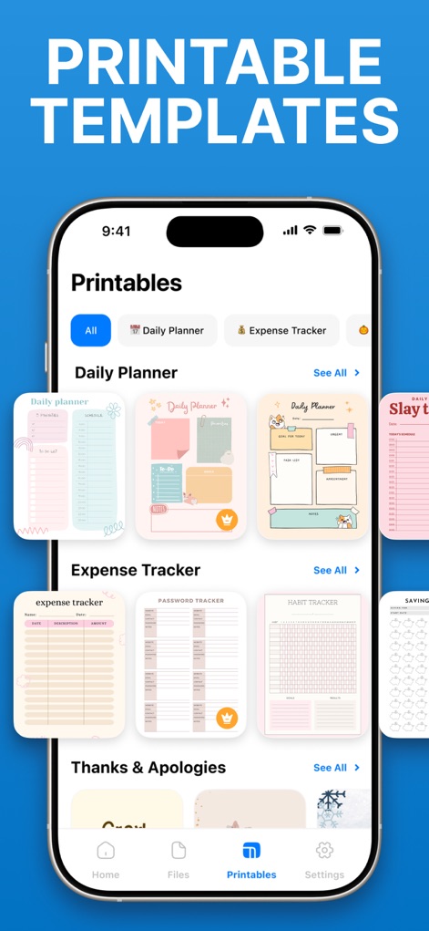 HP Smart Printer App − iPrint - La aplicación presenta una galería de plantillas imprimibles, ofreciendo diversas categorías como 'Daily Planner' y 'Expense Tracker' para organizar y optimizar tareas diarias.
