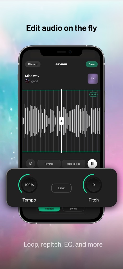 Baton - Unreleased Music - Esta herramienta muestra un editor de forma de onda detallado y controles precisos de 'Tempo' y 'Pitch' para la manipulación sonora.
