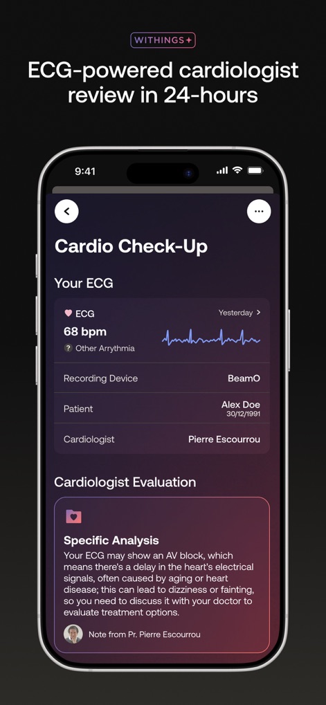 Withings - 心電図（ECG）の結果と、心臓専門医による評価コメントが詳細に表示されており、ユーザーは専門的な分析と診断を得ることができます。