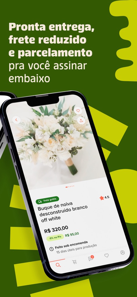 Elo7 - Examine comprehensive product information for items like this elegant bridal bouquet, showcasing crucial details such as 'frete grátis' and bespoke order timelines.