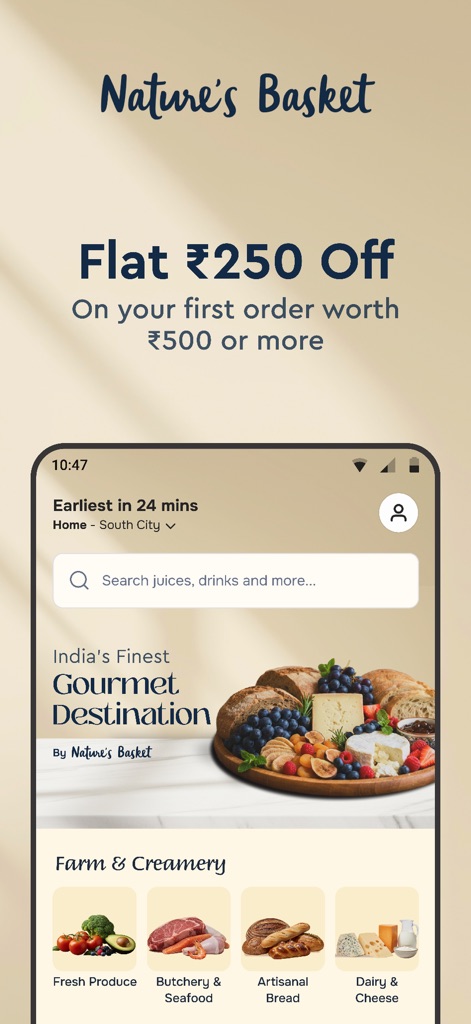 Nature's Basket - Questo screenshot evidenzia la promozione "Flat ₹250 Off" sul primo ordine, mentre il banner "India's Finest Gourmet Destination" con la sua ricca grafica ribadisce l'impegno dell'app per un'esperienza culinaria di qualità superiore.