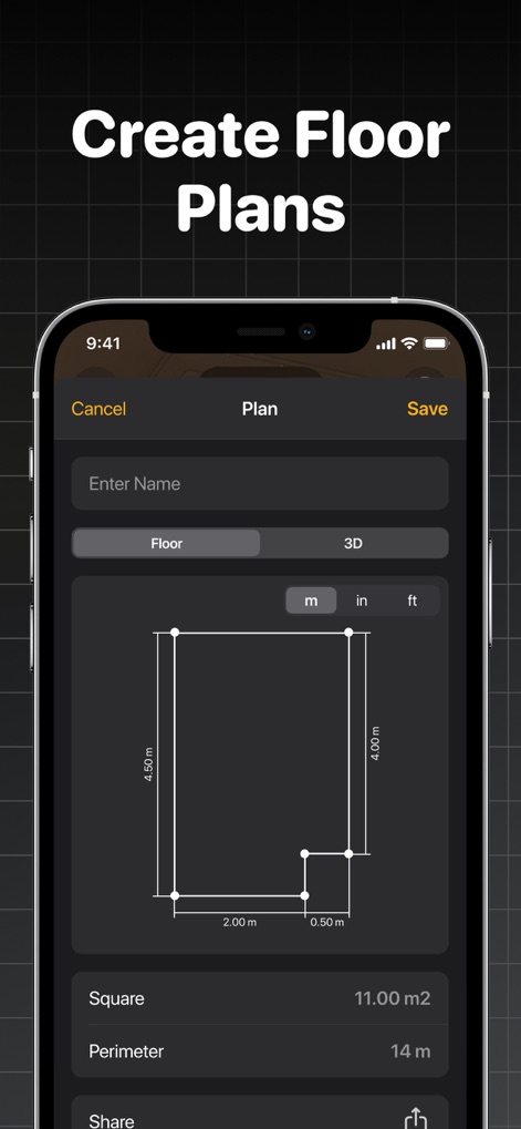 The Tape Measure & 3D Scanner - Users can effortlessly generate detailed floor plans, inputting dimensions in meters (e.g., 4.50 m by 4.00 m) and instantly viewing calculated square footage.