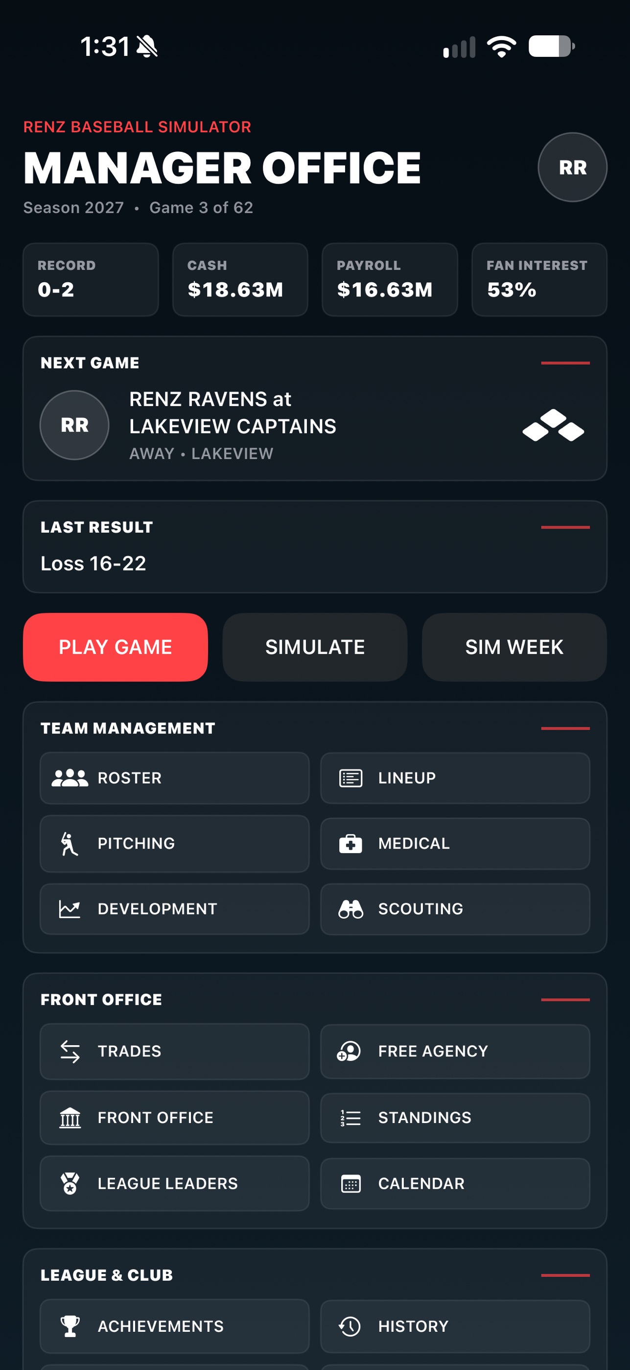 Screenshot 1 of RenzBaseballSimulator