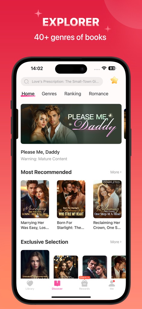 Kifflire:Fantasy Novel Stories - This tool provides an 'Explorer' function featuring '40+ genres of books' and clear navigation tabs for discovering new categories.