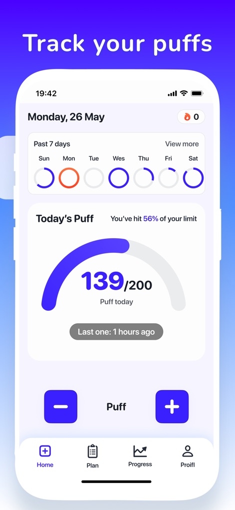 Puff Count: Quit Vaping Now - Users can efficiently monitor their daily consumption through the "Today's Puff" circular gauge and precisely log each instance using the prominent "+ Puff" and "- Puff" buttons.