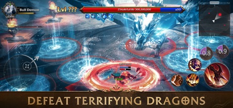 Call of Dragons - Witness intense combat against powerful Behemoths such as the Bull Demon, showcasing the action-packed UI with health bars and active ability icons.