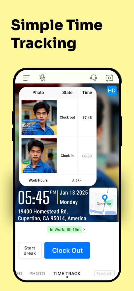 Timemark: #1 Job Photo App - Esta función simplifica el seguimiento horario con opciones claras de 'Entrada' y 'Salida' acompañadas de una foto que verifica el registro, mostrando el tiempo total trabajado y la ubicación exacta.