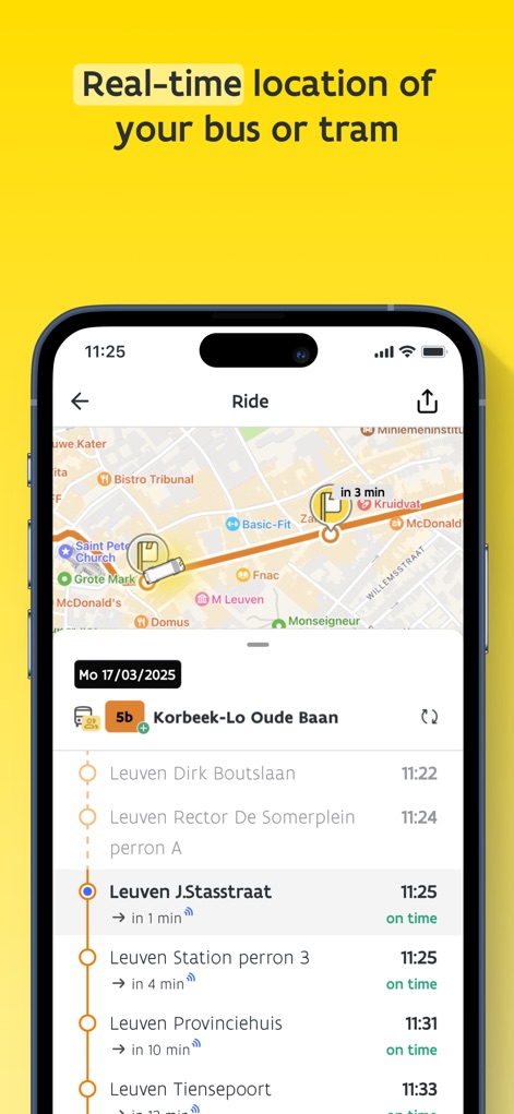 De Lijn - This tool provides real-time location tracking of public transport on a detailed map and offers precise arrival time predictions, indicating if a service is "on time" or delayed.